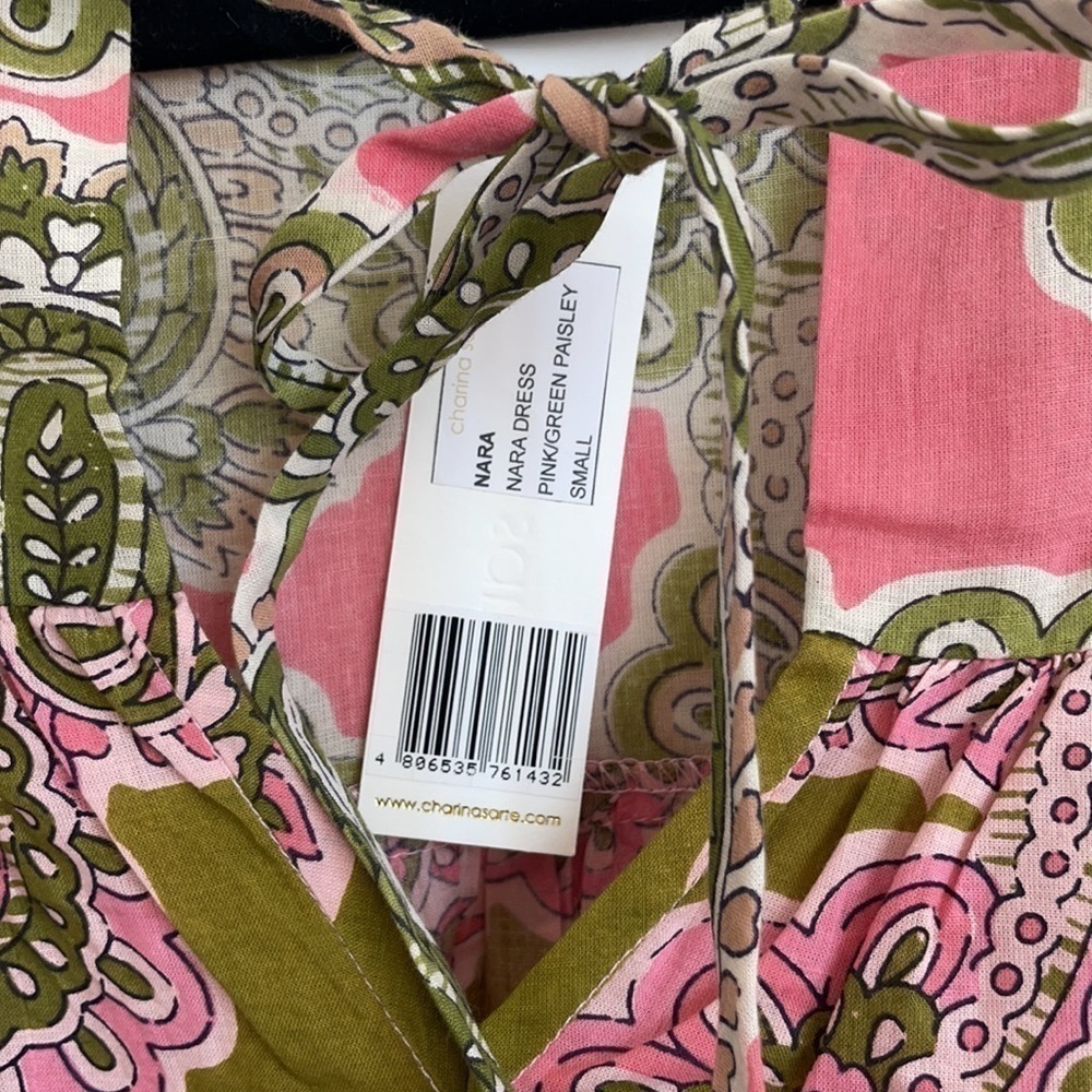 Charina Sarte Green pink tiered Paisley print Nara swing dress S NWT - Picture 4 of 8
